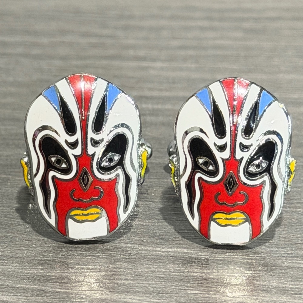Vintage Peking Opera Mask Cufflinks Enamel Hand Painted Chinese Theater Jewelry